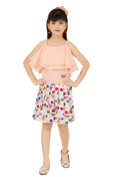 Solid Pleated  Peach Color Top and Skirt Set For Kids