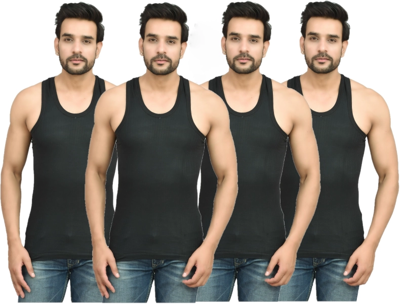 Black Cotton Fabric Stylish Scoop Neck Sleeveless Vest for Men (Pack of 4)