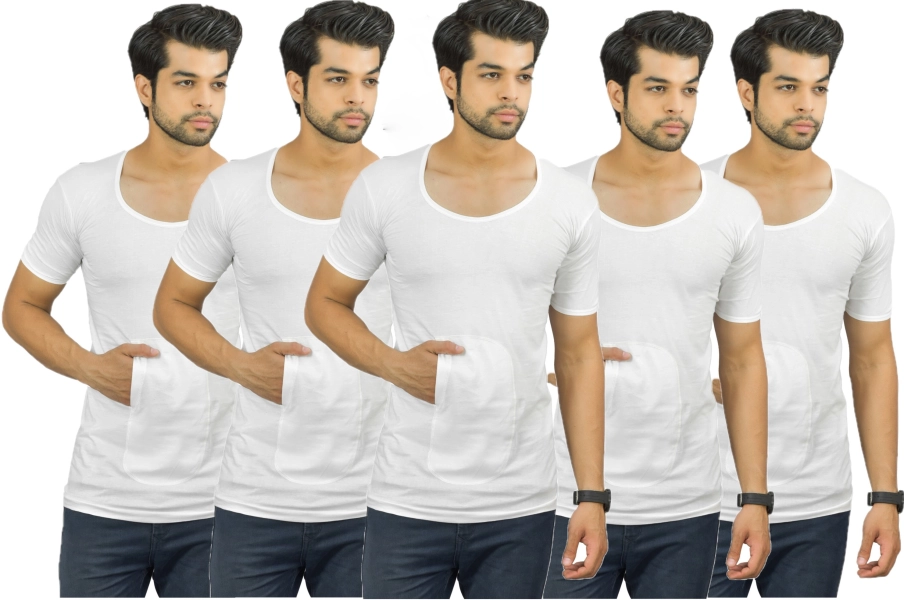 White Cotton Fabric Round Neck Half Sleeve pocket Vest for Men (Pack of 5)