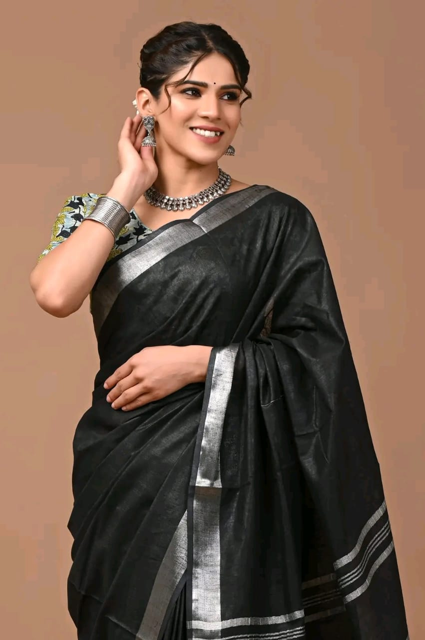 Pure Linen Saree With Silver Zari Border