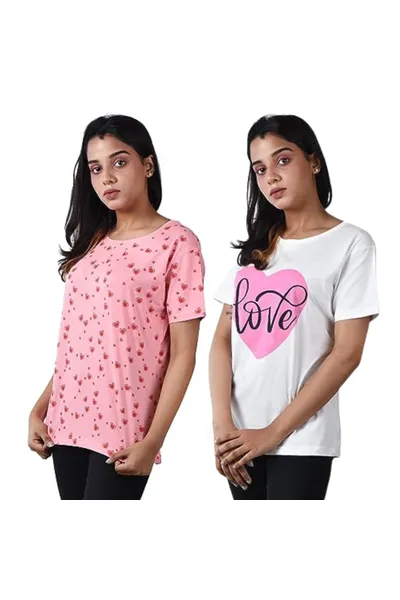 Printed Round Neck Solid Cotton Top Pack of 2