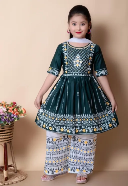 Ethnic Wear Olive Green Color  Kurti and Pant Set For Kids