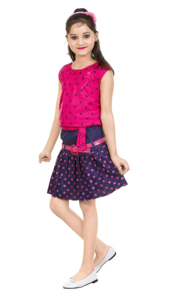 Crepe  Casual Regular Printed Top with Skirt Set for Girls in Rani Pink Color