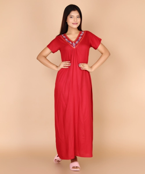 Women Cotton V-Neck Embroidery Nighty