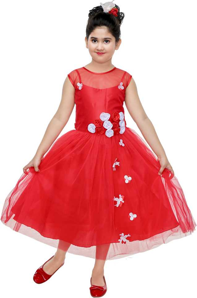 Baby-Girl's Net Fit and Flare Knee Length Red Color Dress