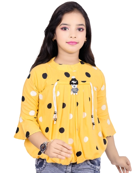 Girls Solid Pleated  Printed Yellow Color Light Weight Design Top