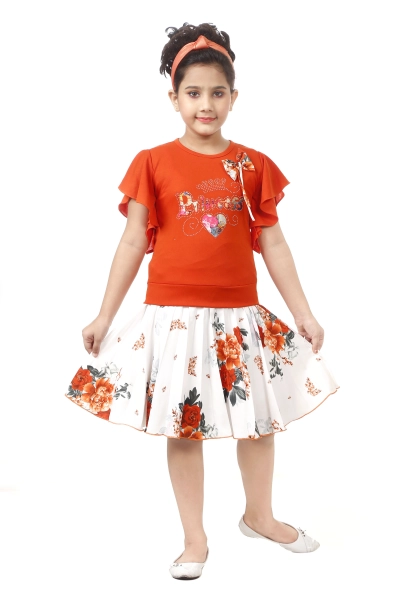 Girls Solid Pleated  Orange Color Top and Skirt Set