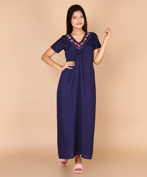 Women Cotton V-Neck Embroidery Nighty