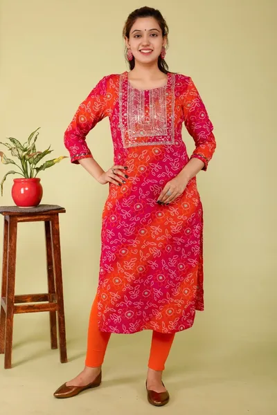 Jaipuri Bandhani Print Sequince Embroidered Rayon Kurta For Women