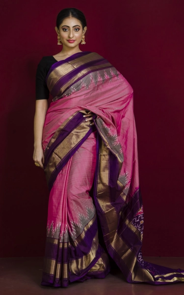 Crowned Temple Border Ikkat Pochampally Silk Saree