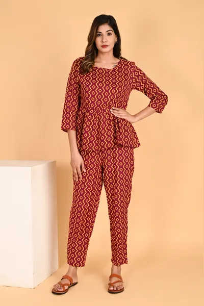 Maroon Geometric Printed Rayon CoOrd Set For Women