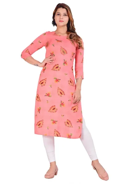 Rayon Calf Length Floral Printed Straight Kurti for Ladies