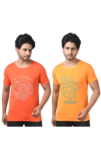 Combo Pack of 2 Printed Round Neck Pure Cotton T-Shirts For Men