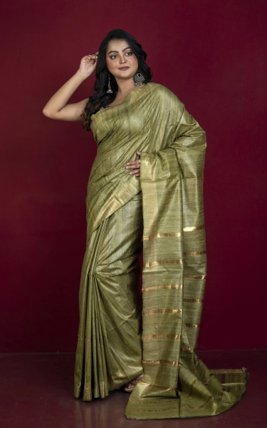 Gicha Tussar Silk Saree with Woven Gold Bands Pallu