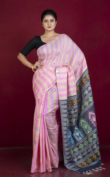 Handwoven Striped Raw Silk Saree with Dolabedi work Pallu