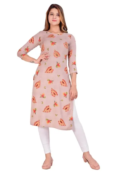 Rayon Calf Length Floral Printed Straight Kurti for Ladies