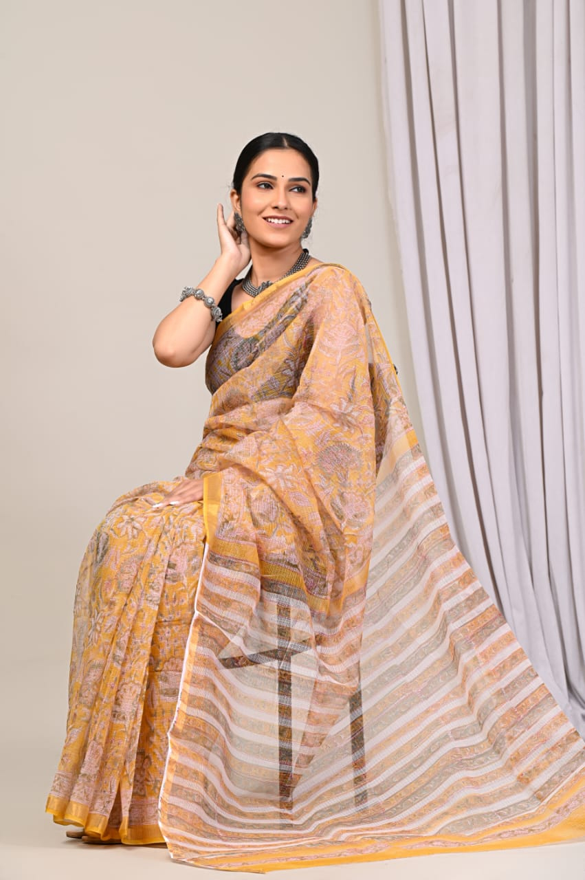 Floral Block Printed Cotton Kota Doriya Saree