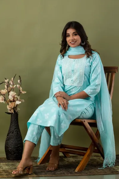 Women's Blue Yoke Embroidered Kurta Set with Dupatta