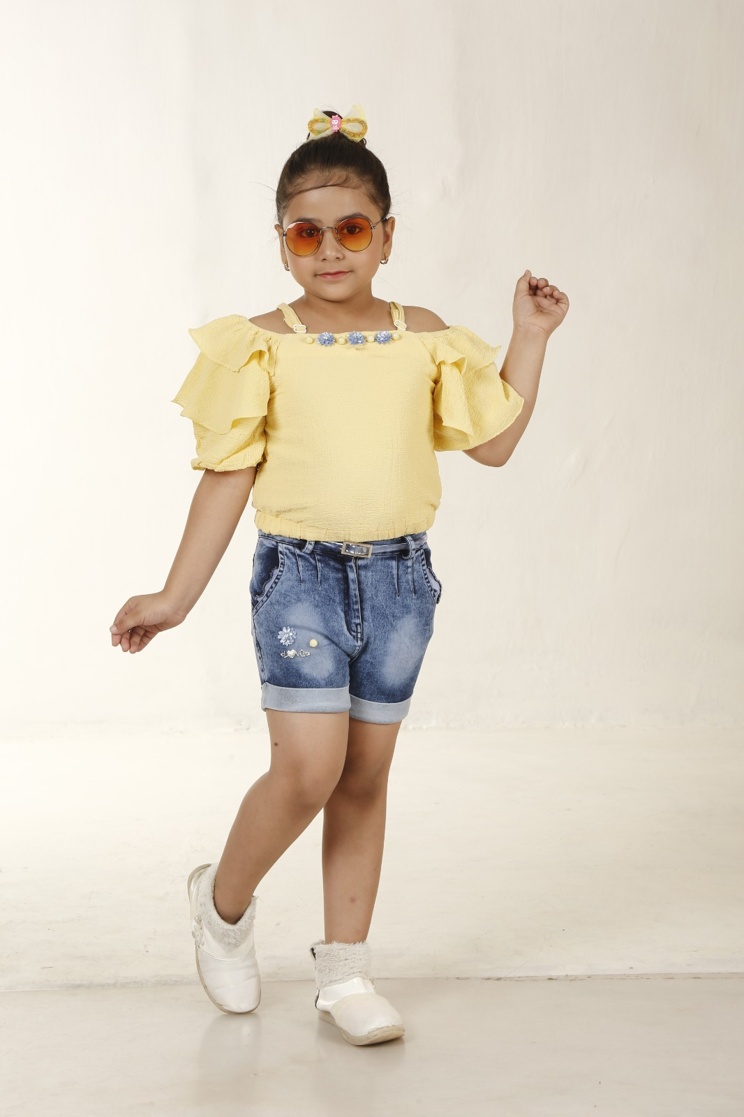 Baby Girl Georgette Fabric Top With Denim Hot Pant