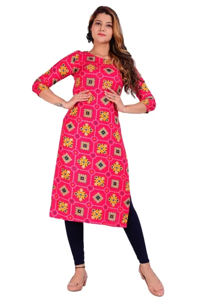 Rayon Calf Length Printed Straight Kurti for Ladies