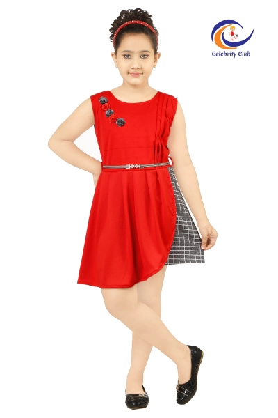 Round Neck   Cotton Sleeveless Red Color Dress for Kids