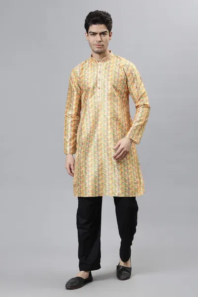 Yellow Abstract Print Kurta For Men