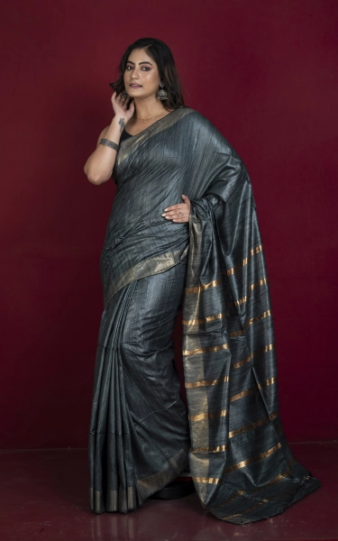 Gicha Tussar Silk Saree with Woven Gold Bands Pallu