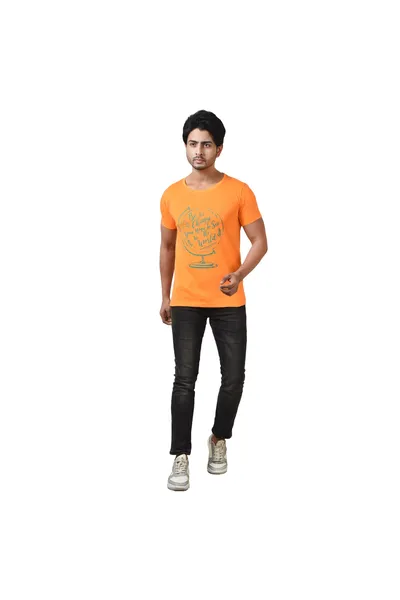 Yellow Printed Round Neck Pure Cotton T-Shirt For Men