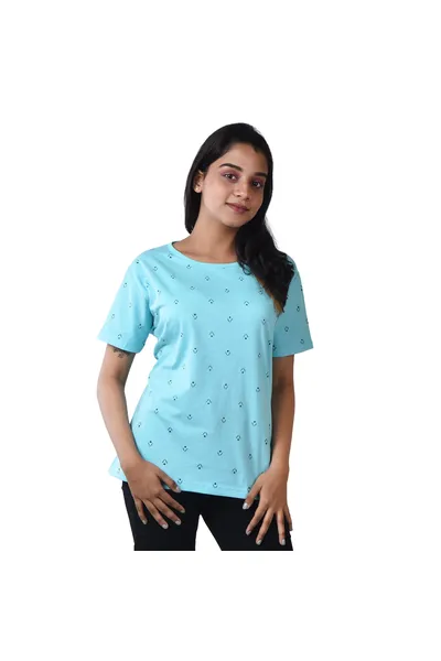 Printed Round Neck Solid Cotton Top For Women