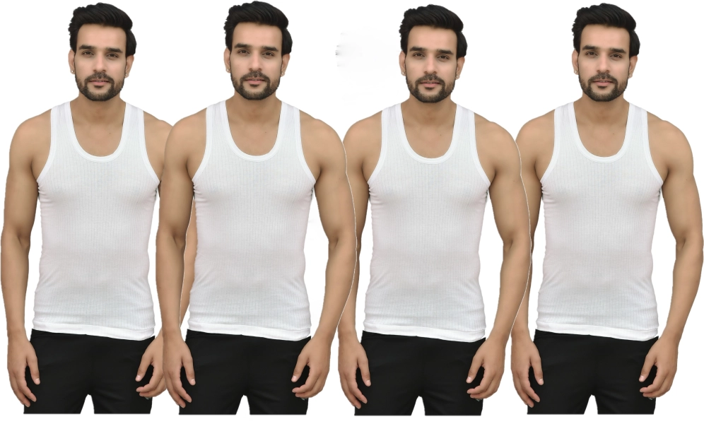 White Cotton Fabric Round Neck Sleeveless  Vest for Men (Pack of 4)