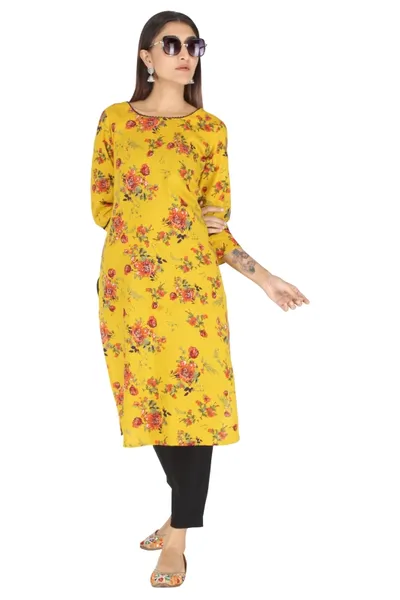 Yellow Round Neck Floral Print Kurti For Women