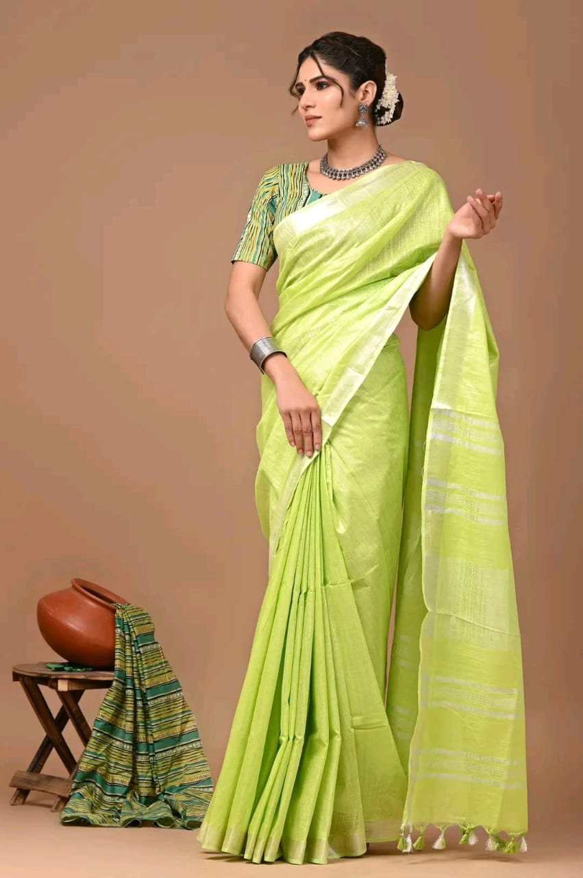 Pure Linen Saree With Silver Zari Border