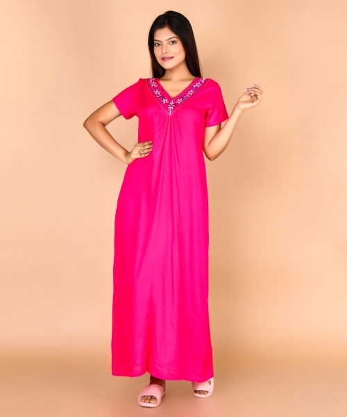 Women Cotton V-Neck Embroidery Nighty