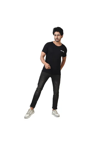 Men's Back Printed Round Neck Black Pure Cotton T-Shirt