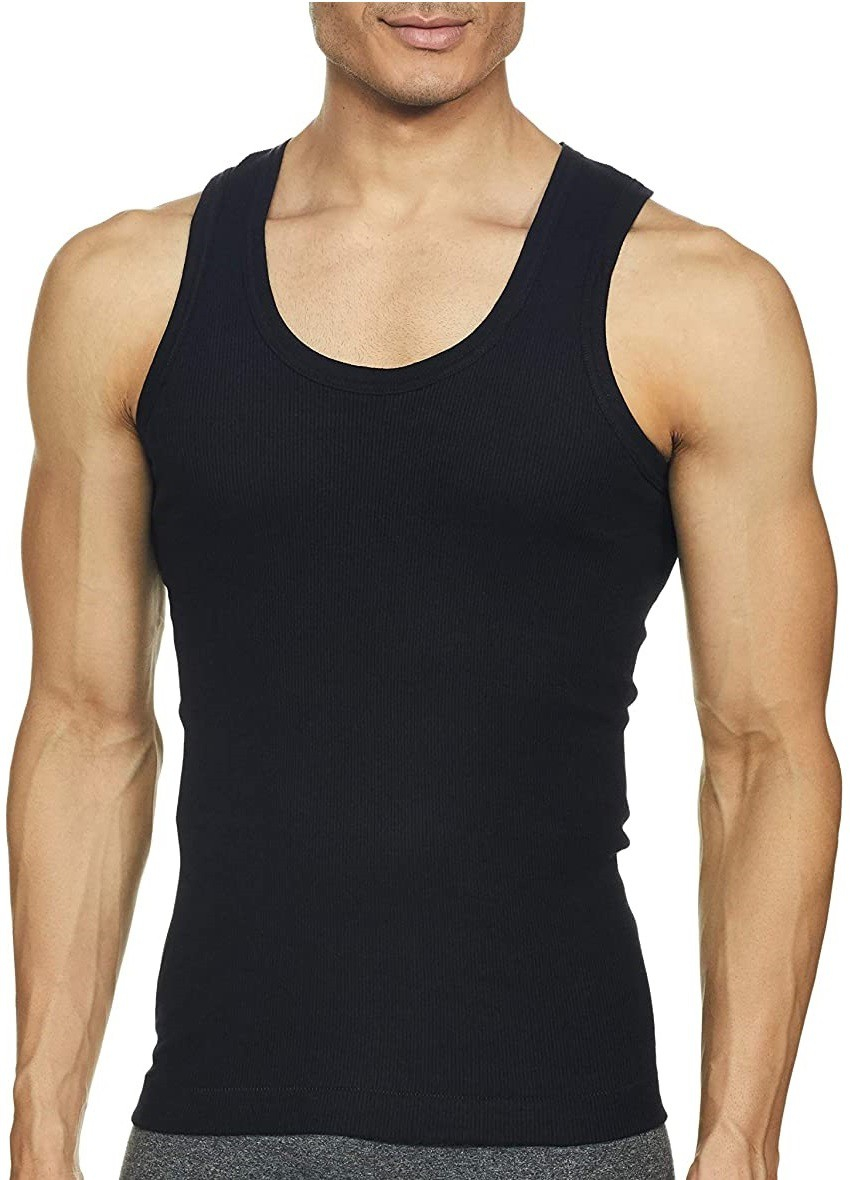 Black Cotton Fabric Stylish Scoop Neck Sleeveless Vest for Men (Pack of 3)