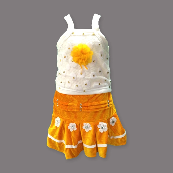 Stylish Beautiful Sleveless Girl's Velvet Skirt and Top set in Yellow colour