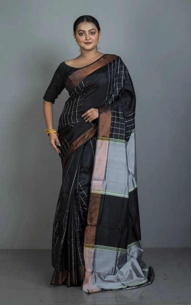 Handwoven Bishnupuri Checks Katan Silk Saree