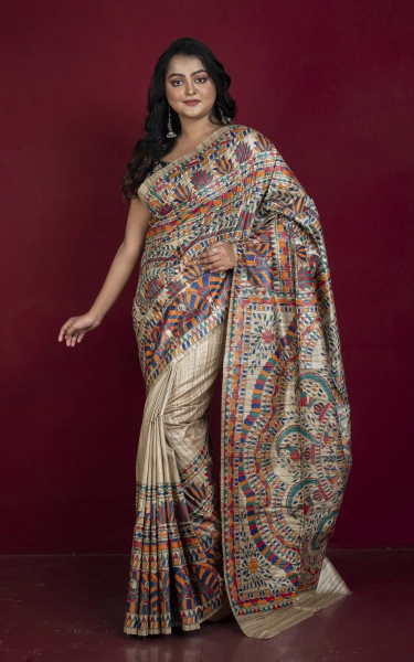 Premium Quality Hand Paint Madhubani on Natural Gicha Tussar Silk Saree