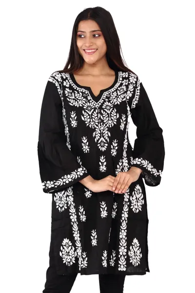 Black Round Neck Printed Cotton Kurti