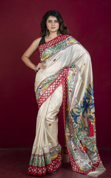 Hand Painted Madhubani on Premium Quality Soft Tussar Silk Saree