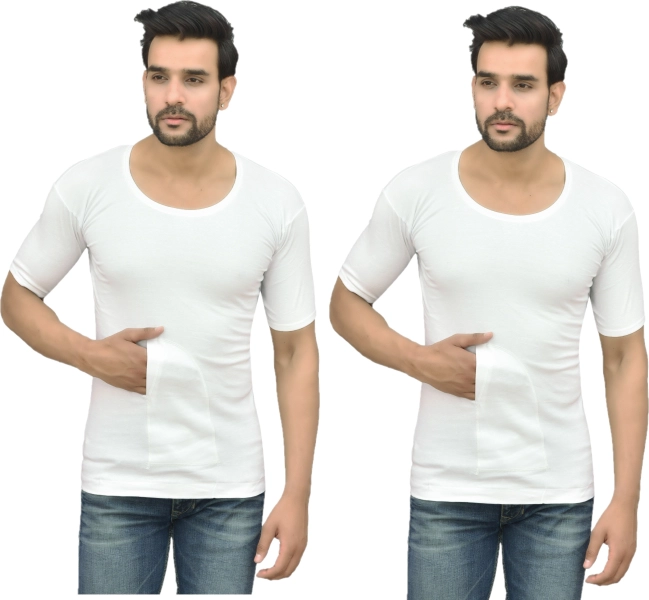 White Cotton Fabric Round Neck Half Sleeve pocket Vest for Men (Pack of 2)