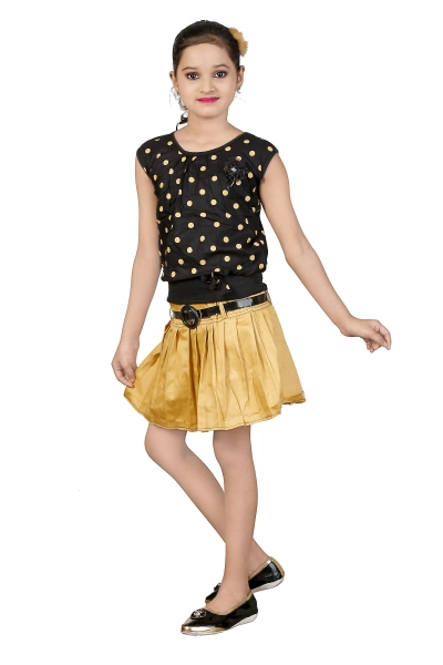 Crepe Casual Regular Printed Top with Skirt Set for Girls in Black Color