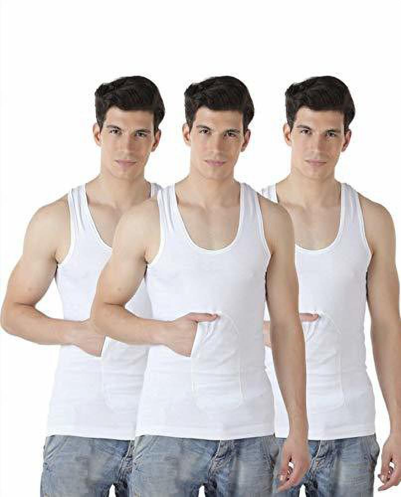 White Cotton Fabric Round Neck Half Sleeve pocket Vest for Men (Pack of 3)