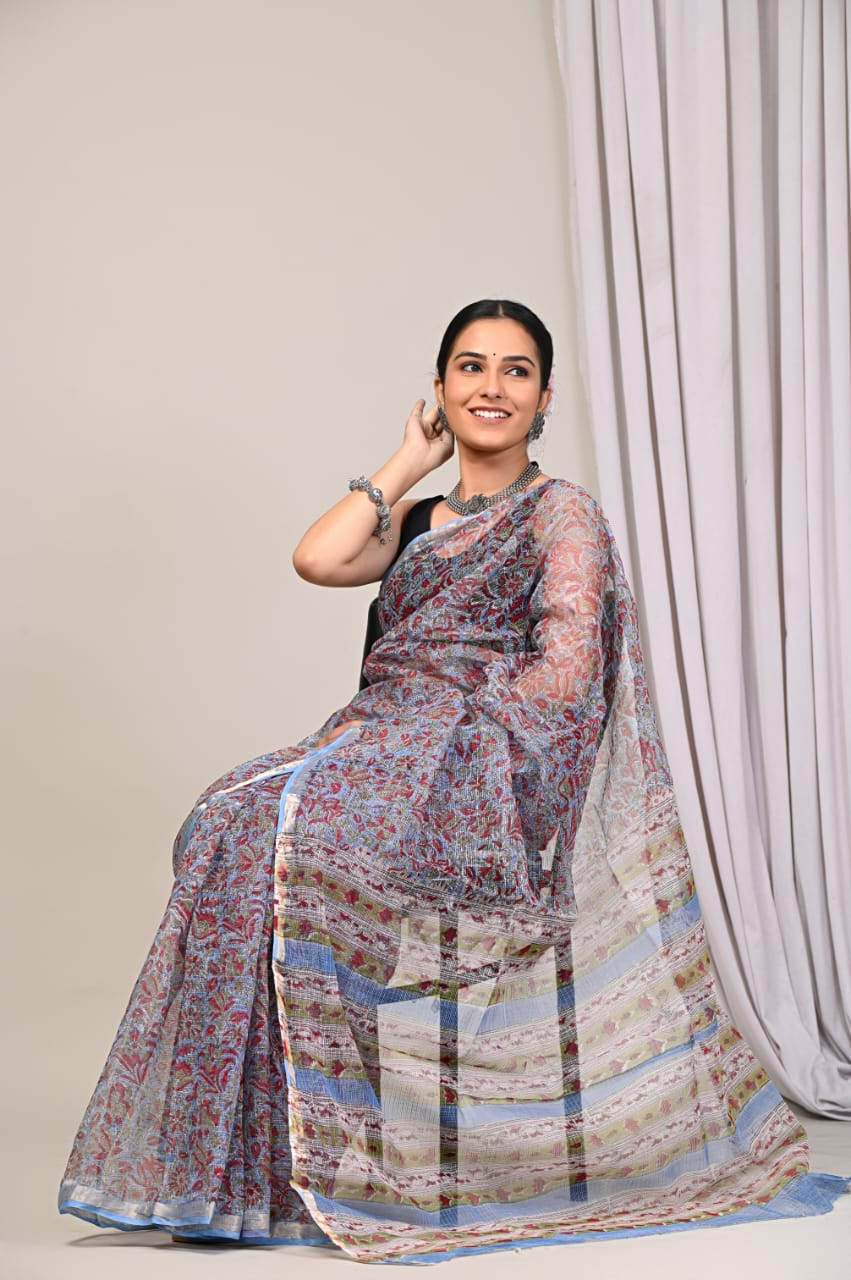 Floral Block Printed Cotton Kota Doriya Saree