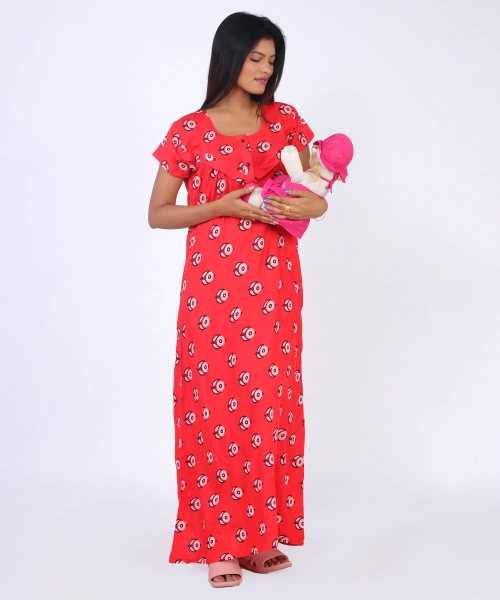 Women Cotton Printed Maternity Or Feeding Night Gown