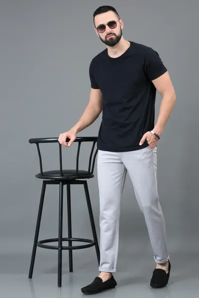 Solid Cotton Slim Fit Men's Silver Grey Trousers