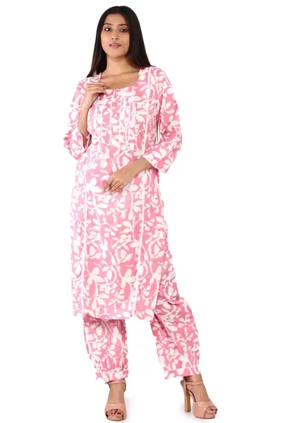 Pink Round Neck Printed Cotton Afghani pant Kurti Set