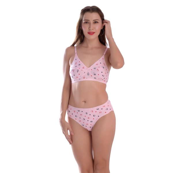 Viral Girl Pack Of 1 Women's Printed Non Padded Baby Pink Bra and Panty Set