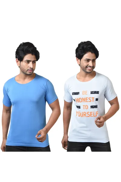 Printed Round Neck Solid Cotton T-Shirts For Men Pack Of 2