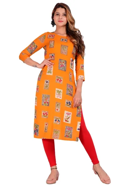 Rayon Calf Length Floral Printed Straight Kurti for Ladies